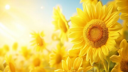 Obraz premium Bright Yellow Sunflowers Blooming Under a Warm Golden Sunlight