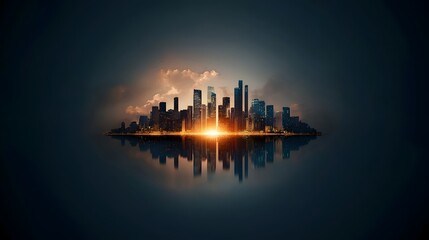 Fototapeta premium Dramatic and Futuristic Night Cityscape with Glowing Skyscrapers and Lights Reflecting Symmetrically on the Calm Water Surface Creating a Serene and Peaceful Atmosphere