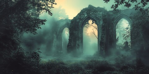 Exploring Gothic Ruins in Misty Forest Landscape with Arches and Trees