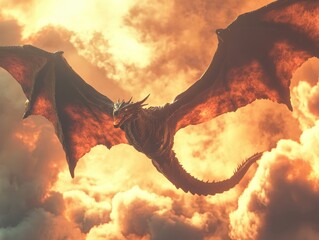 Fototapeta premium Majestic Dragon Soaring Through Fiery Skies: A Fantasy Artwork