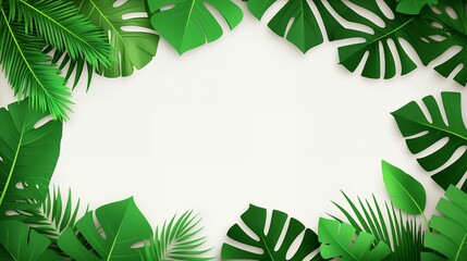 Lush Green Tropical Leaves Frame on White Background