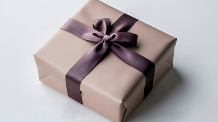 Elegant Wrapped Gift with Purple Bow on Minimalist Surface for Special Occasion