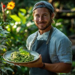 Smiling chef holding fresh green pasta in nature with plants