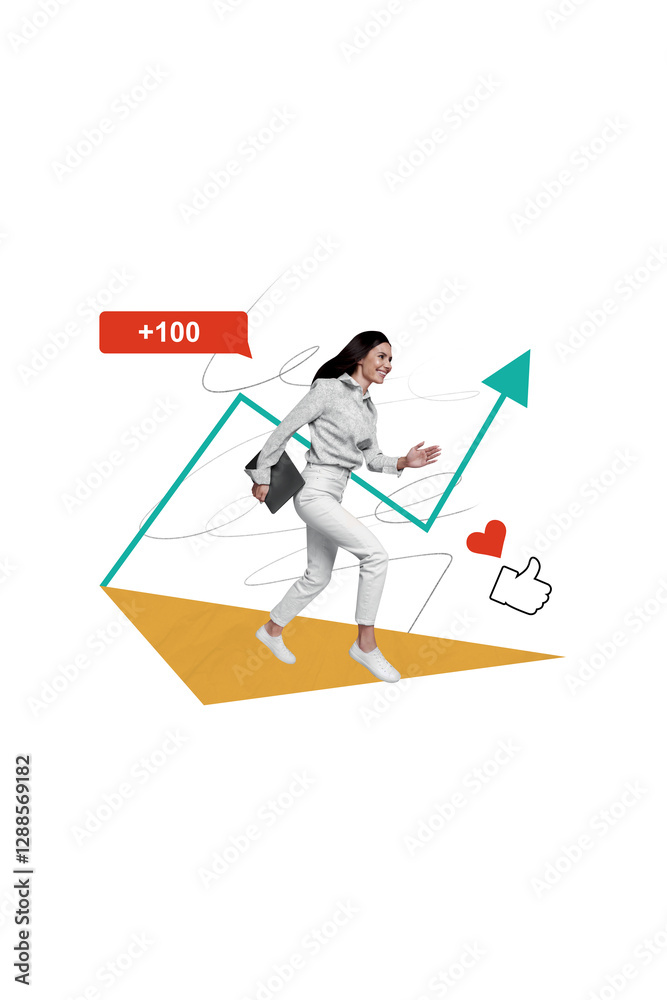 Poster collage image 3d poster of happy going girl working as content manager successful growth blog develo
