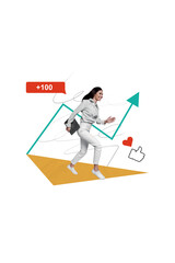 Collage image 3d poster of happy going girl working as content manager successful growth blog development isolated on drawing background