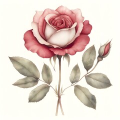 Pink and White Rose Illustration with Bud and Leaves