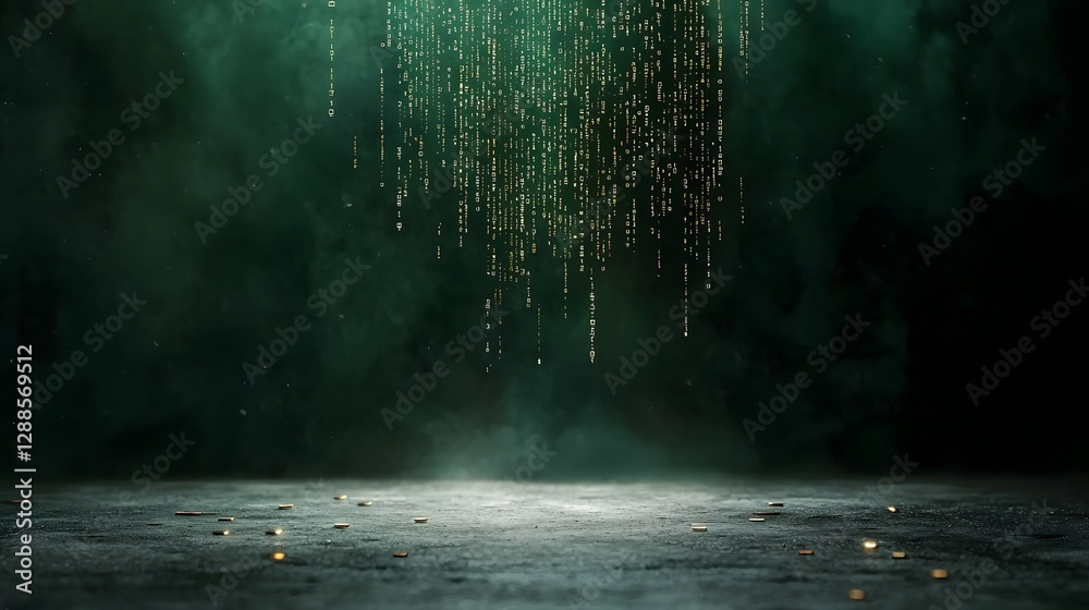 Poster dramatic digital matrix code cascading and falling from the edges of a dark moody sci fi inspired ba