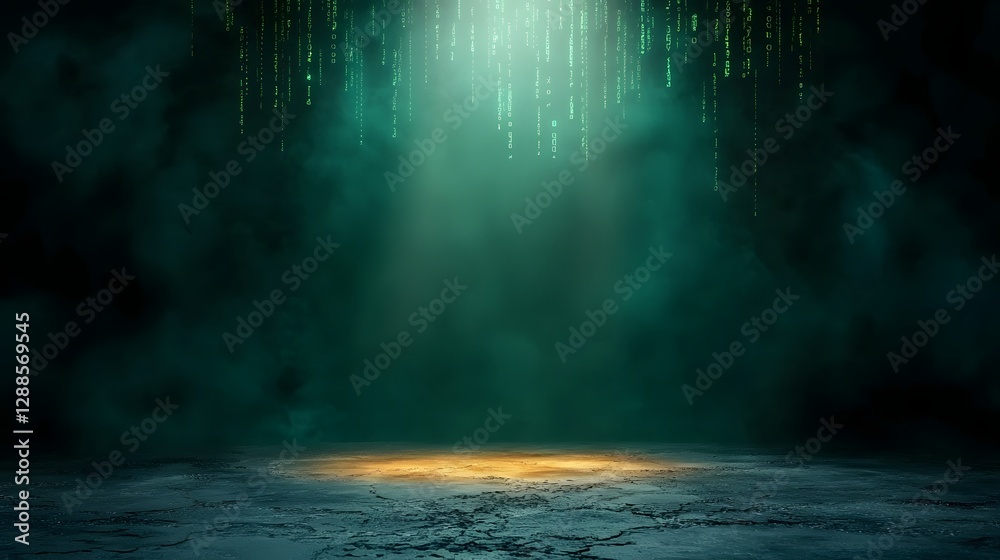 Poster dramatic digital matrix code visually flowing and falling from the edges of a dark moody sci fi insp