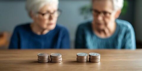 Two elderly women observe stacks of coins on a table, reflecting on financial matters or savings, highlighting themes of aging and money management.