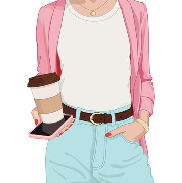 Woman Wearing a Pink Cardigan, Denim Trousers and a White Tshirt Holding a Phone and a Coffee Cup