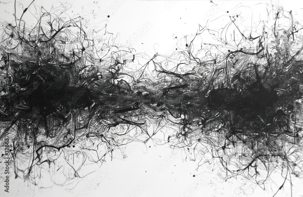 Poster abstract art with chaotic doodle pattern, hand drawn textures. black ink lines on white paper create