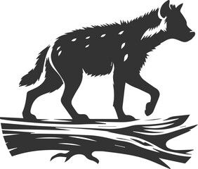 A hyena walking along a fallen tree trunk vector animal silhouette