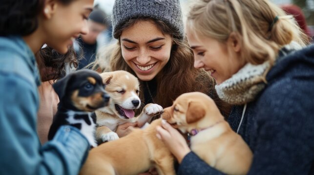 Gen Z friends at a pet adoption event. Featuring compassion and connection