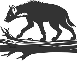 A hyena walking along a fallen tree trunk vector animal silhouette