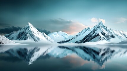 Obraz premium Dramatic snow capped mountain peaks towering above a serene reflective frozen lake in a remote pristine alpine landscape under a moody ethereal cloudy sky