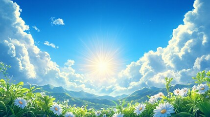 Fototapeta premium A bright sunny sky over rolling green hills with flowers