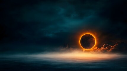 Obraz premium Dramatic solar eclipse with a stunning golden corona glowing on the horizon against a dark atmospheric sky filled with clouds This captivating celestial phenomenon creates a breathtaking