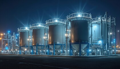 Night view of energy company equipment with hydrogen storage tanks. H2 power plant for clean electricity production. Chemical industry innovation for renewable energy source. Industrial scenery with