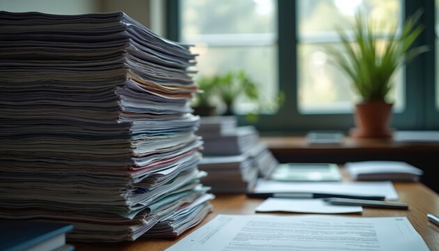 Stack of neglected paperwork on desk in office, disorganization, work overload, pending tasks. Customer complaints, documents pile business challenges, workflow inefficiency. Unfinished projects