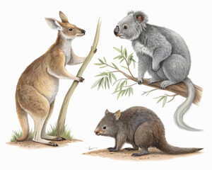 set of marsupial animals isolated on white
