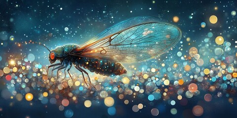 Magical Insect Fantasy Art Blue Wings Sparkle red eye dark glow light shiny bokeh image