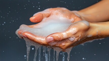 Fototapeta premium Hands holding thick soap bubbles with water droplets against a dark background