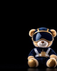 A playful teddy bear dressed as an astronaut against a dark backdrop for creative themes.