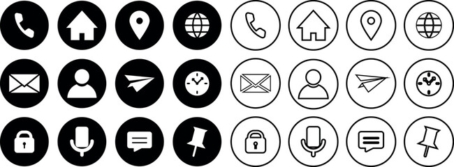 Icons, web icon set, business icon for company connection. mobile, place, location, mail, website, message, home,  pin, phone, set of different contact symbol design template. Vector 10 eps. 