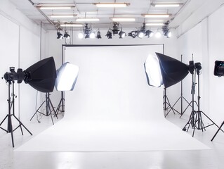 Professional Photography Studio Setup: White Backdrop, Lighting Equipment, and Ready for a Photoshoot