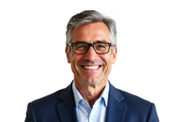Smiling businessman portrait in suit and glasses, isolated on transparent background. Cheerful middle-aged manager for corporate profile, website, or business presentation.