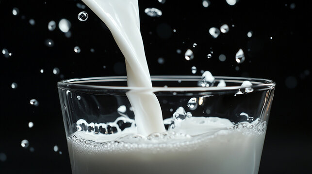 A close-up of milk being poured into a glass, black background