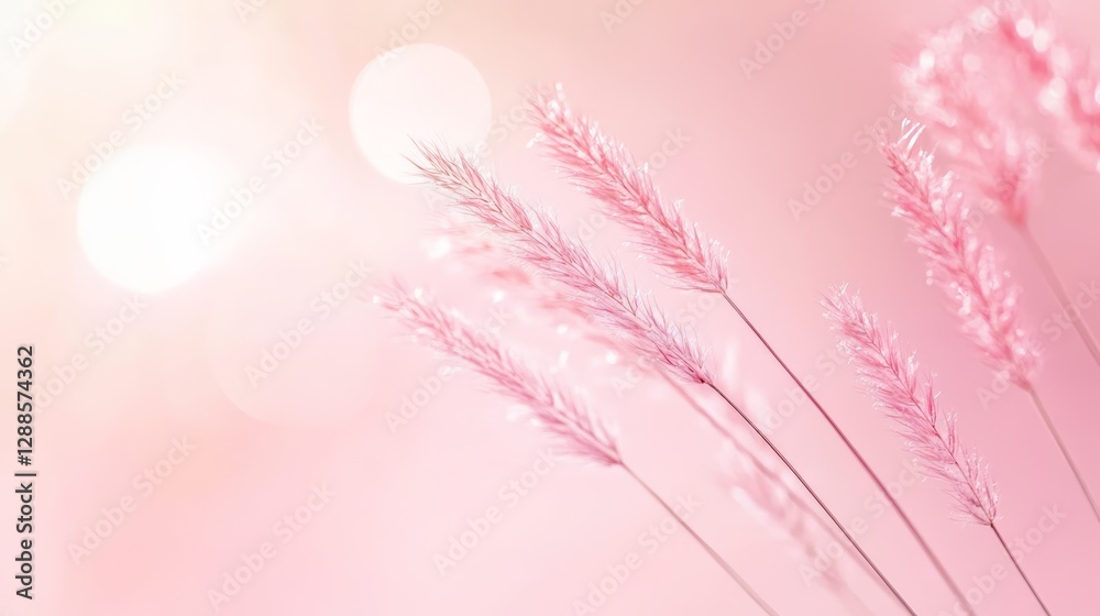 Poster pink ornamental grass sways gently in a light breeze against a soft pink background with bokeh highl
