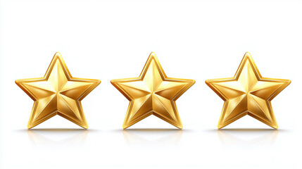 Obraz premium Three golden stars shine brightly against a white background, symbolizing success, achievement, and high ratings in a visually appealing and elegant manner.