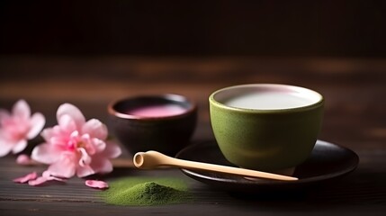 An Inviting Still-Life of Green Matcha Tea with Sakura Blossoms and Bamboo Whisk on a Rustic Table