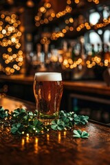 Pint beer on bar with festive clovers and warm lights, celebrating joy. Ideal for St. Patrick's Day or party vibes.