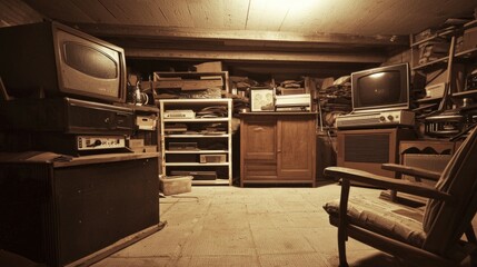Vintage Room with Old Electronics and Wooden Furniture in Basement