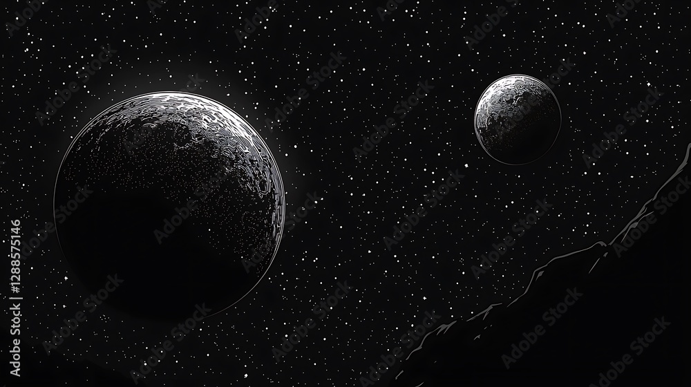 Aufkleber two planets and stars in deep space. cosmic view with rock background. use science, astronomy, backg