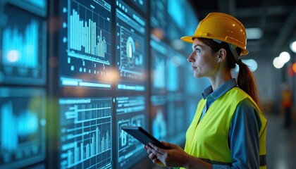 Young woman in yellow hard hat, safety vest manages factory automated system using tablet. Digital interfaces display charts, production data. Female engineer monitors performance, optimizes