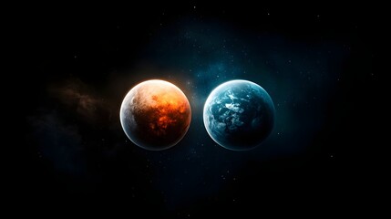 Obraz premium Dual celestial spheres one earth like and the other a glowing crescent orbiting in a mysterious cosmic void This fantastical