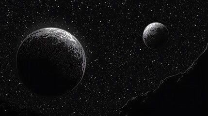 Two planets and stars in deep space. Cosmic view with rock background. Use Science, astronomy, background