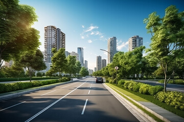 Wide street view between modern buildings And there are trees around generative ai