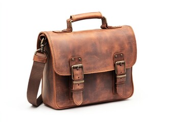 Brown Leather Messenger Bag on White Background