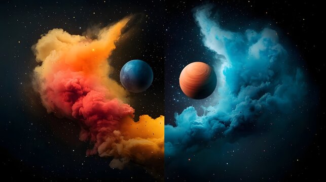 Dual planets orbiting on each side of a deep cosmic void surrounded by ethereal nebulae glowing spheres and swirling cosmic energy  A surreal futuristic and visionary interstellar landscape