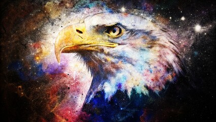 Eagle head in cosmic space. Animal concept. Profile portrait. Eagle in cosmic space. Profile portrait. Cosmic Space background.