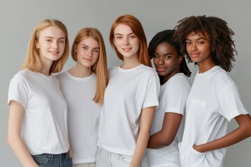 Obraz premium diverse young male and female models posing in white t shirts on gray background template mockup, fashion and style, casual clothes