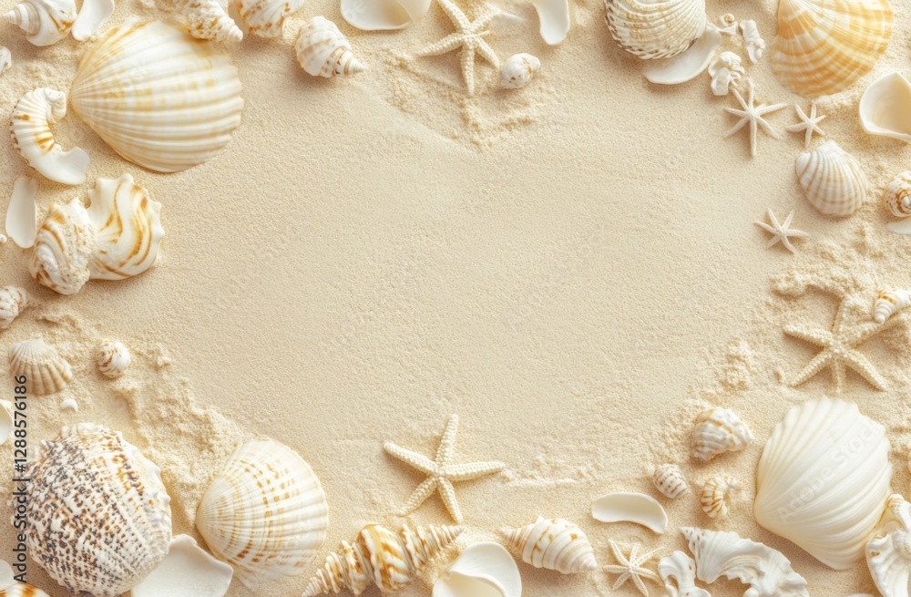 Poster a frame of beige sand with seashells and starfish, top view. summer background for your design.