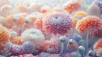 Close-up view of colorful chrysanthemum flowers in a vibrant garden setting, featuring a pastel color palette. The bright, dreamlike background creates a beautiful and fantastical atmosphere, with hyp