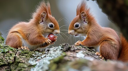 Two red squirrels sharing a nut in a natural setting. Ideal for children's books or nature publications