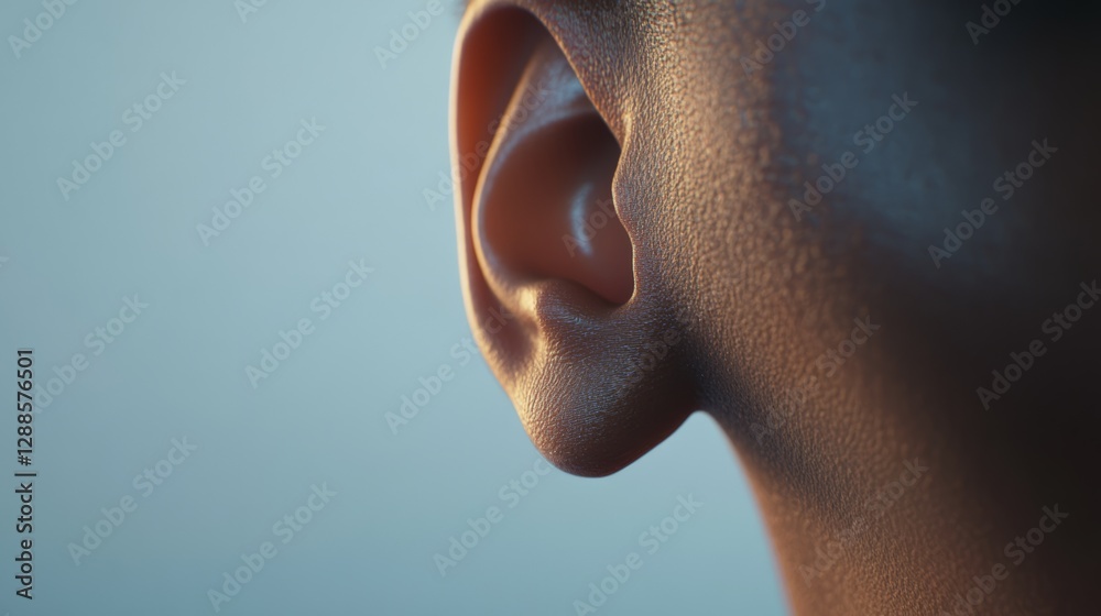 Poster warm light highlighting the intricate details of an ear, representing the significance of sound and 
