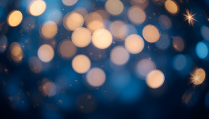 Abstract blurred bokeh lights on dark blue background - festive Christmas and new year holiday template with glittering defocused stars and sparkling effects